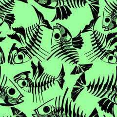 seamless pattern of black graphic fish skeletons on a green background, texture, design