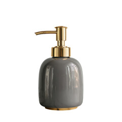 Obraz premium Gray ceramic soap dispenser with gold pump on transpart background