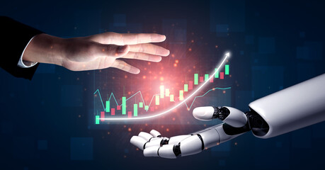 A symbolic representation of collaboration between humans and technology in finance, showcasing a human hand and a robotic hand reaching for stock market growth visuals. Impute