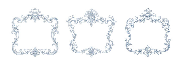 Romantic rococo wedding monogram frame illustration. Elegant vintage baroque floral crest border.
