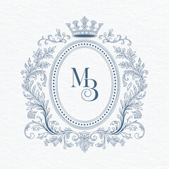 Baroque oval wedding crest with royal crown and ornate floral scrolls. Ornate rococo oval wedding invitation crest featuring crown, leaves, and floral motifs.