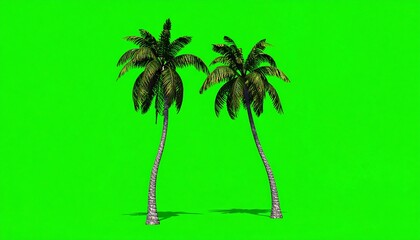 Two tropical palm trees stand tall against a vibrant green backdrop.