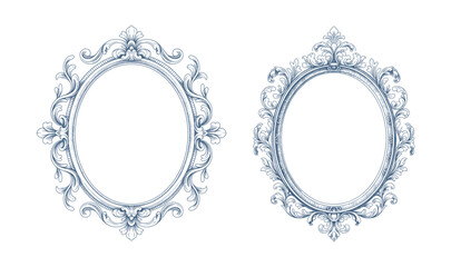 Vintage baroque oval wedding monogram frame. Ornate antique floral oval border illustration.