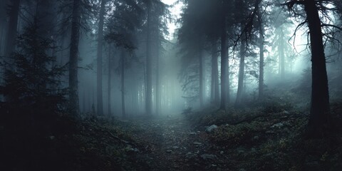 Naklejka premium fog in the dark forest, misty or moody landscape background