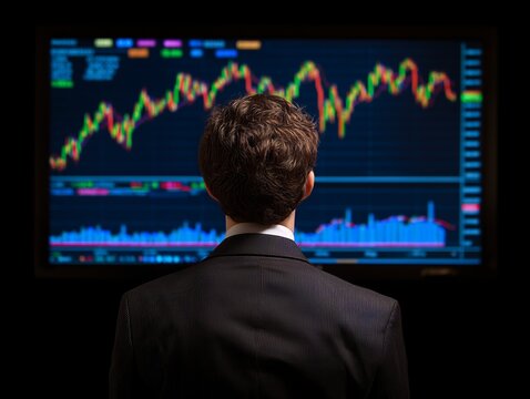 A businessman in a suit studies a stock market chart displaying fluctuating trends on a large screen, focused on analysis.
