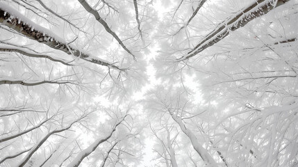 Snow blankets the branches of trees in a tranquil winter forest, creating a soft white canopy. The delicate beauty of the scene invites quiet reflection and a sense of calm
