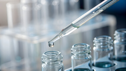 Laboratory glass dropper releasing clear liquid into transparent vial against defocused scientific background perfect for medical research visuals and pharmaceutical innovations