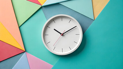 Minimal wall clock on geometric pastel background with bold color shapes and clean composition perfect for time management concepts, branding layouts and modern editorial visuals