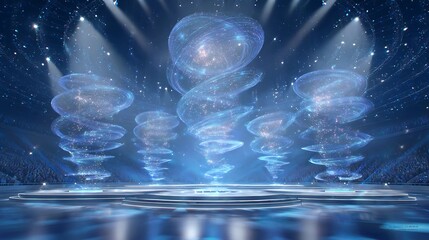 Holographic Spirals Hover Over Stage. Sci-fi concept ideal for marketing, web design, or technology editorial.