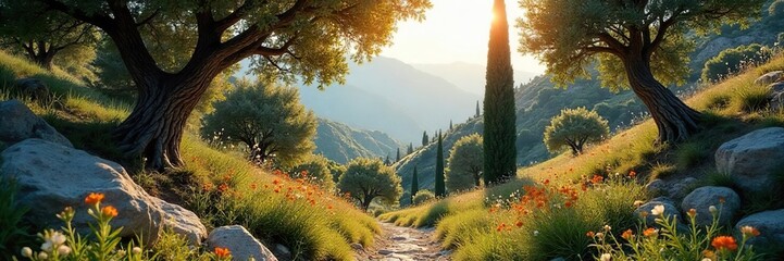 Ancient Greek forest scene, sun-dappled light filtering through olive trees and cypress, rocky terrain, wild herbs and flowers  Evokes mythology and serenity ,  untouched,  idyllic,  peace