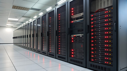 Modern data server room with rows of network equipment and glowing red indicator lights perfect for IT visuals, cybersecurity design and cloud computing infrastructure concepts