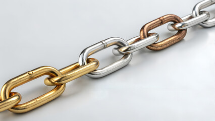 Obraz premium Close-up of metal chain made of interlinked gold, silver and copper links on neutral background perfect for connection metaphors, industrial visuals and strength symbolism