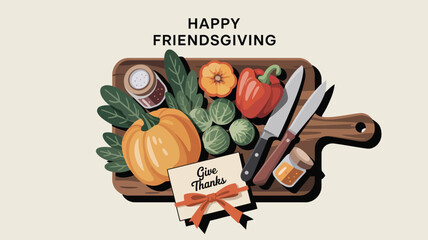 A friendsgiving illustration featuring vegetables and knives on a wooden cutting board design element
