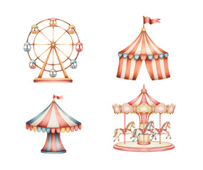 Magical circus carnival with ferris wheel and carousel rides. Cute watercolor fairground set with carousel horses and circus tents.  © Songrami
