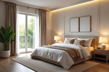 Obraz premium Serene bedroom sanctuary, promoting relaxation and peaceful sleep Soft lighting, calming colors, and comfortable textures create a haven for wellbeing , night, soft lighting, furniture