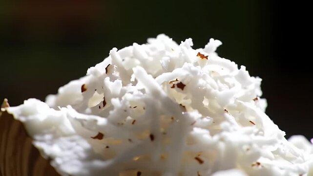Closeup of Shredded White Coconut Flakes Against a Dark Background in a Studio Shot