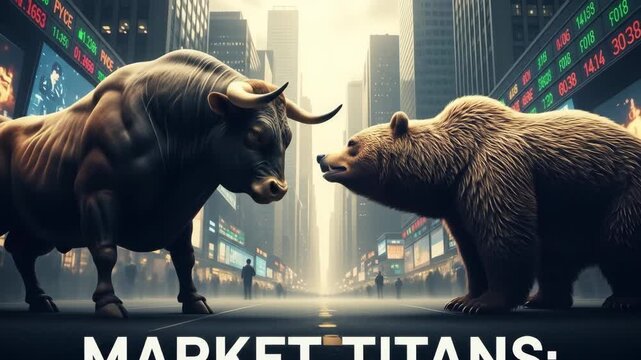 Bull vs Bear Market Showdown - A powerful depiction of a bull and a bear facing off on a city street, symbolizing the ongoing battle between bull and bear markets.