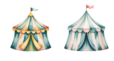 Playful carnival tents illustration for kids. Fantasy big top circus tents in soft pastel colors.  © Songrami