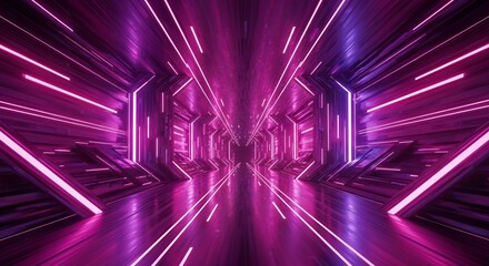 Fototapeta premium Abstract futuristic neon tunnel with glowing pink and purple light streaks. Immersive sci-fi wallpaper design with speed motion perspective and vibrant luminous energy flow.