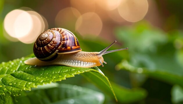 A snail on a vibrant green leaf in a soft, natural setting