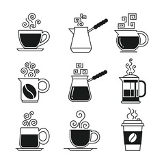 Nine Monochrome Coffee Icons: Cups, Pots, and To-Go Cups