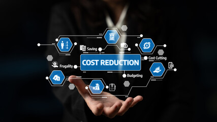 This image illustrates cost reduction strategies featuring various business icons, emphasizing budgeting techniques, saving opportunities, and overall financial management. Tessel