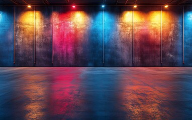 Neon lights illuminate a grunge concrete room, creating a vibrant, colorful atmosphere perfect for a stylish backdrop