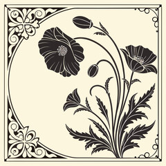 Vintage floral frame design in black silhouette with poppy flowers and leaves, ornate decorative border illustration, art nouveau style © Shammi