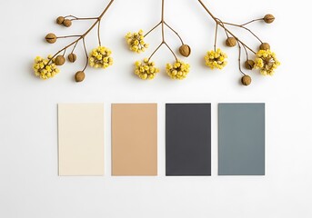 Dried yellow flowers and color swatches isolated on white background