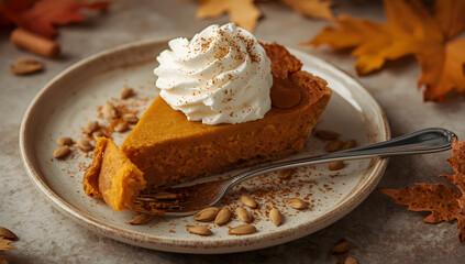 A warm and inviting slice of pumpkin pie with a generous dollop of whipped cream on top, served with a silver fork on a distressed, earthy-toned rustic plate, adorned with hints of fall foliage