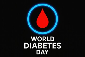 Graphic design for world diabetes day, featuring a red droplet symbol within a blue circle on a black background. a powerful visual representation of diabetes awareness.