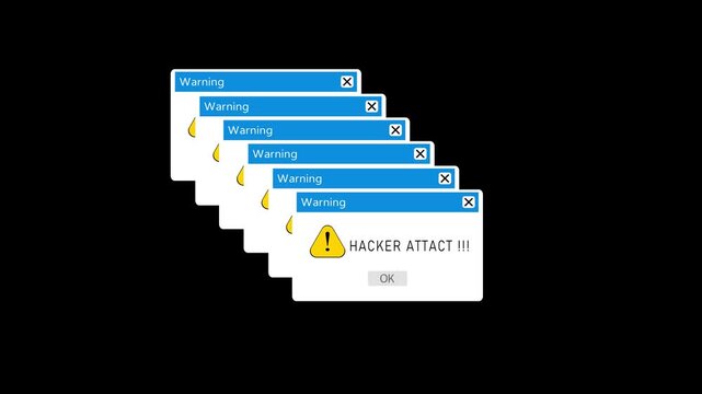 Hacker attact animation of a web browser window with hacker attact warning alert on black background. Web hacking icon animation on solid background.