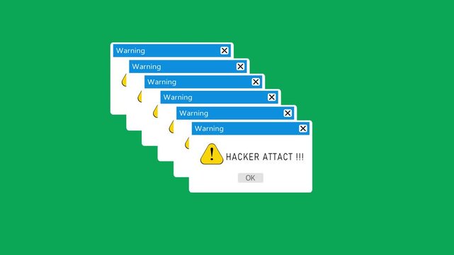 Hacker attact animation of a web browser window with hacker attact warning alert on green background. Web hacking icon animation on solid background.