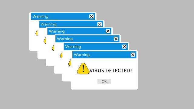 Virus detected animation of a web browser window with virus detected warning alert on dark white background. Web virus animation icon on solid background.
