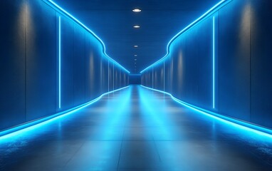 Fototapeta premium Futuristic, neon-lit corridor with curved walls and glowing blue lines, creating a modern and stylish atmosphere