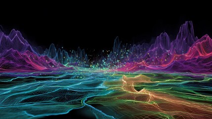 Naklejka premium A vibrant, multicolored digital landscape, composed of interconnected lines and glowing points, creates a mesmerizing visual representation of data.