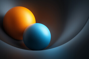 contrasting orange and electric blue spheres orbiting smooth central core in dark gray space, visual metaphor for balance and modern energy flow