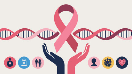 Illustration of pink ribbon with dna strands and supporting hands for breast cancer awareness theme
