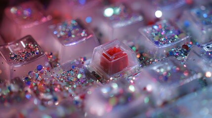 Custom keyboard keycaps shimmer in vibrant hues. Macro shot. Illustrates tech, hobby, design. Ideal for marketing, website background, creative projects.