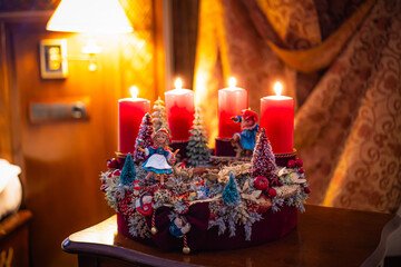 Christmas table composition. Beautiful decoration. Christmas trees, candles, stars, lights and elegant accessories. Merry Christmas and Happy Holidays, Template.