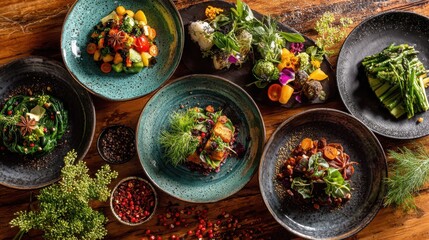 Exquisite Gourmet Dishes Artistically Plated in a Rustic Flat Lay Arrangement Evoking Culinary Delight and Impeccable Presentation