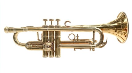 Obraz premium Polished brass trumpet, lying on side, with valves and tubing visible