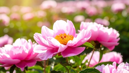 Obraz premium Close-up of vibrant pink peonies in a field, bathed in sunlight