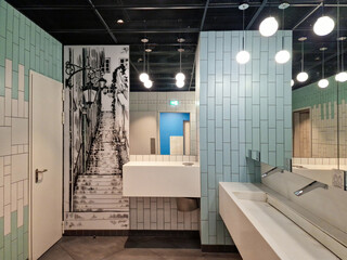 Warsaw, Poland 07 18 2024 Interior of public bathroom in shopping mall