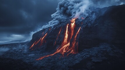 Volcanic lava flow at night with glowing streams and illuminated smoke