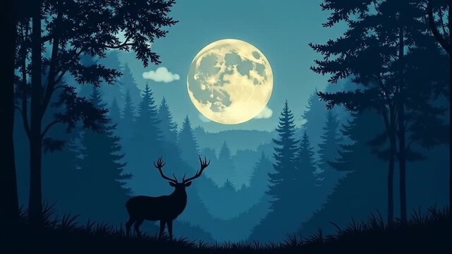 Night forest scene with deer silhouette under the moonlight, animated backdrop with majestic deer