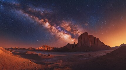 Milky Way over desert rocks in Atacama at twilight
