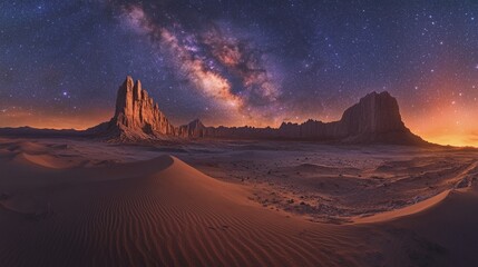 Milky Way over desert rocks in Atacama at twilight