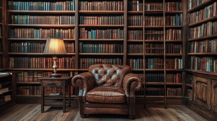 Sophisticated home library with built-in wooden bookshelves and cozy reading space