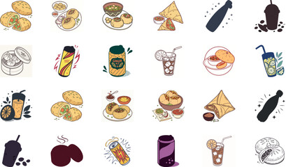 Colorful hand drawn vector illustration of traditional Indian street food and drinks set including samosa, pakora fritters, momo dumplings, pani puri, spicy chaat, refreshing soda can, ginger ale, jui